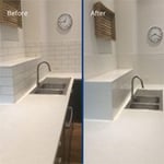 Before and after tile cleaning and grout re-colouring of counter tops.