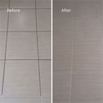 Before and after tile cleaning and grout re-colouring.